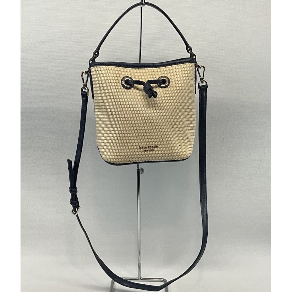Kate Spade New York Eva Natural Straw & Navy Leather Small Bucket Bag Purse VGUC
